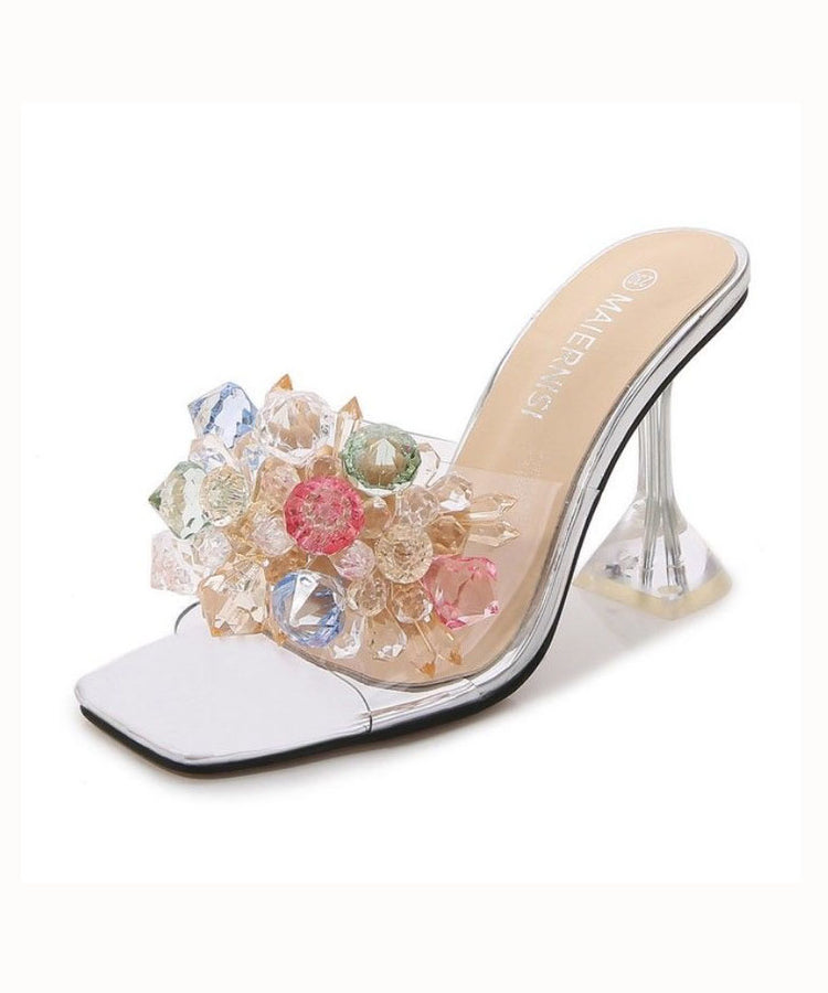 Silver Crystal Splicing Peep Toe Clear High Heel Slippers