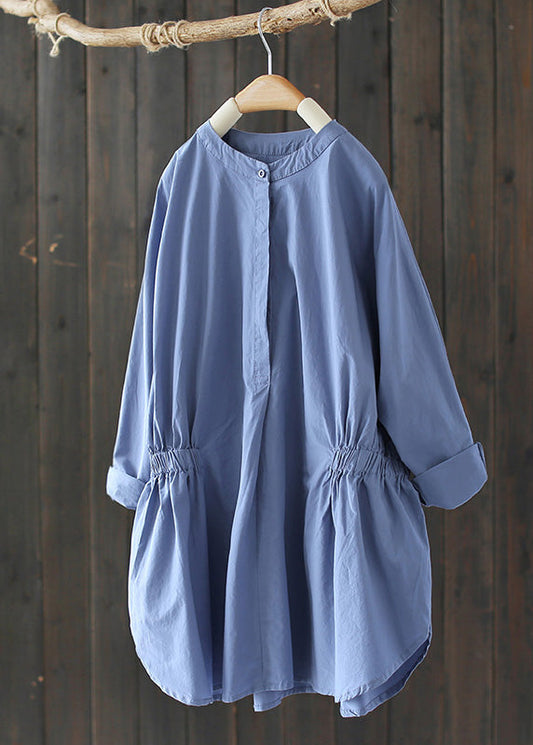 O-Neck Baby Blue Wrinkled Button Solid Long Sleeve Shirt