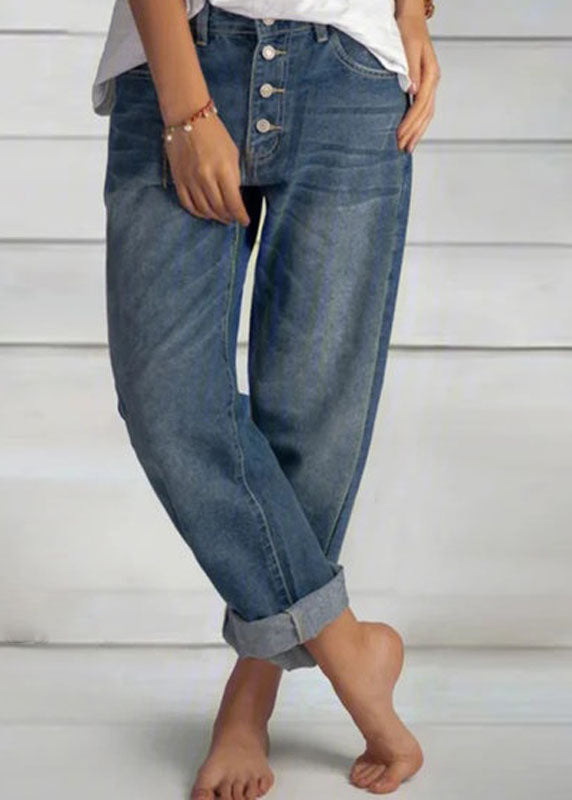 Summer blue simple pocket button patchwork high waist denim pants