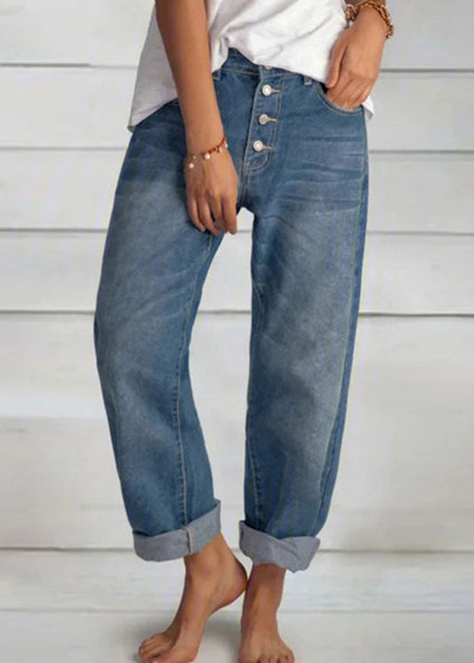 Summer blue simple pocket button patchwork high waist denim pants