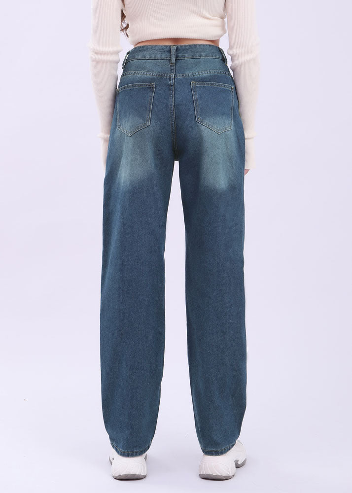 Summer blue simple pocket button patchwork high waist denim pants