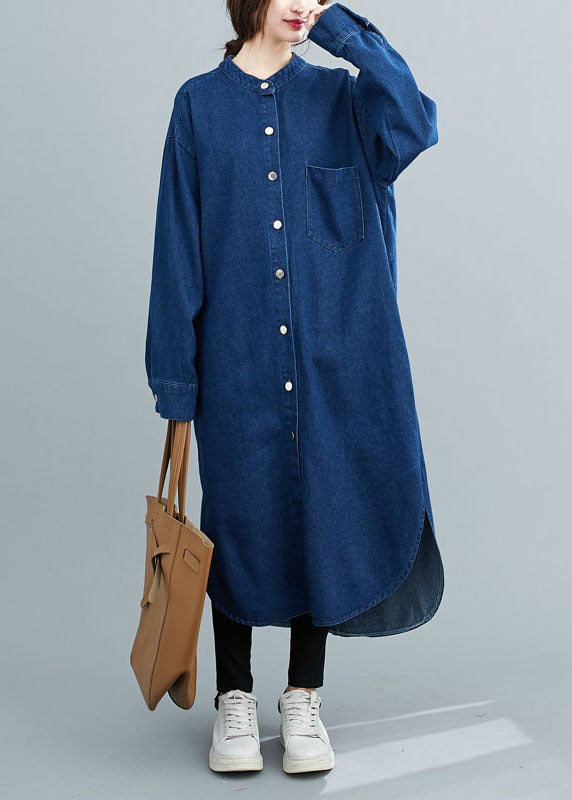 Simple Blue Patchwork Stand Collar Denim Shirt Dress Spring