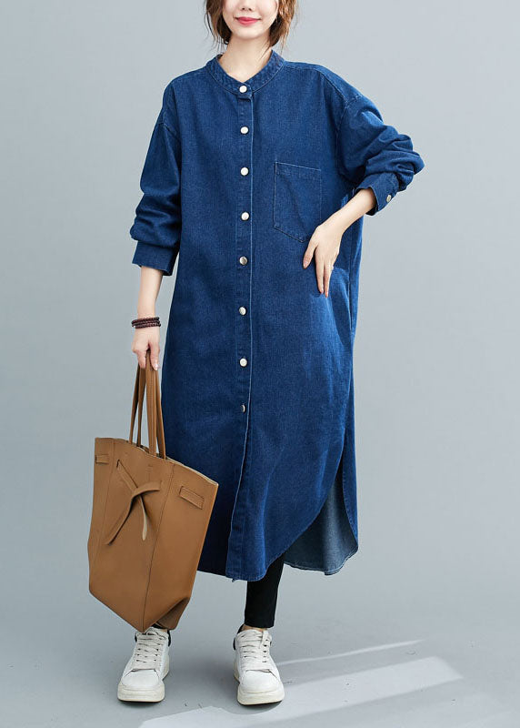 Simple Blue Patchwork Stand Collar Denim Shirt Dress Spring