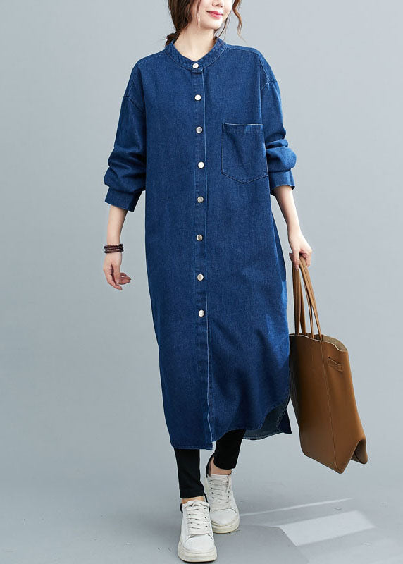 Simple Blue Patchwork Stand Collar Denim Shirt Dress Spring