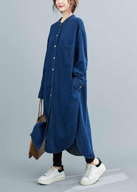 Simple Blue Patchwork Stand Collar Denim Shirt Dress Spring