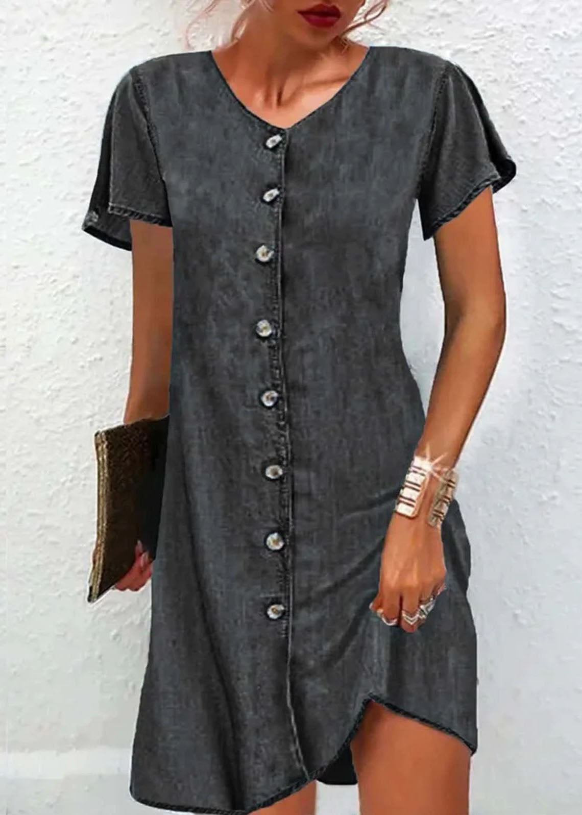 V Neck Simple Blue Button Patchwork Denim Mid Short Sleeves Dress