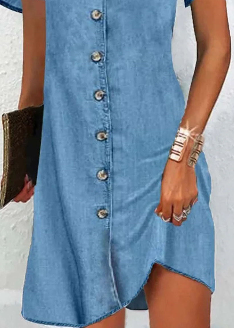 V Neck Simple Blue Button Patchwork Denim Mid Short Sleeves Dress