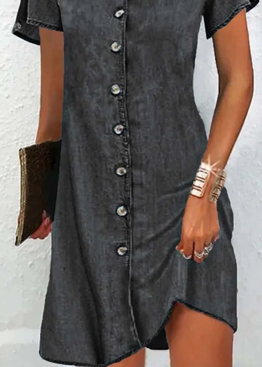 V Neck Simple Blue Button Patchwork Denim Mid Short Sleeves Dress