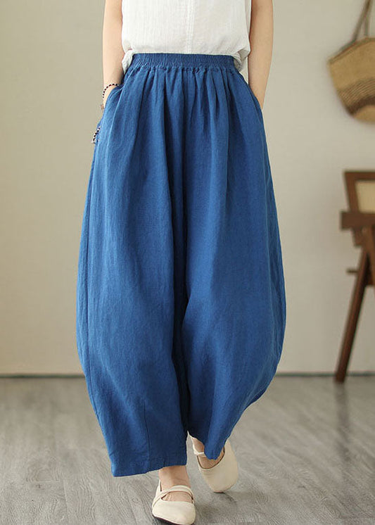 Simple Blue Patchwork Pockets Elastic Waist Linen Skirt Summer