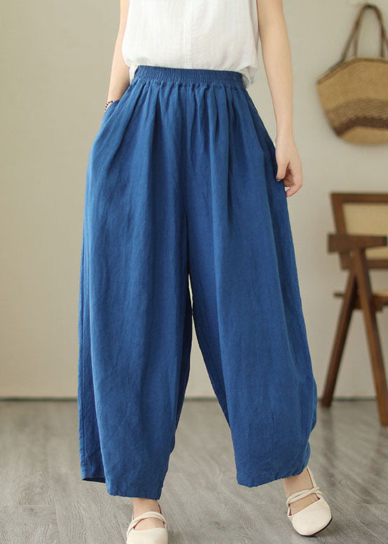 Simple Blue Patchwork Pockets Elastic Waist Linen Skirt Summer