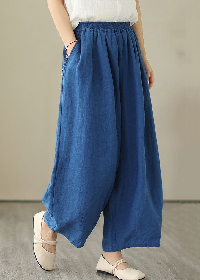 Simple Blue Patchwork Pockets Elastic Waist Linen Skirt Summer