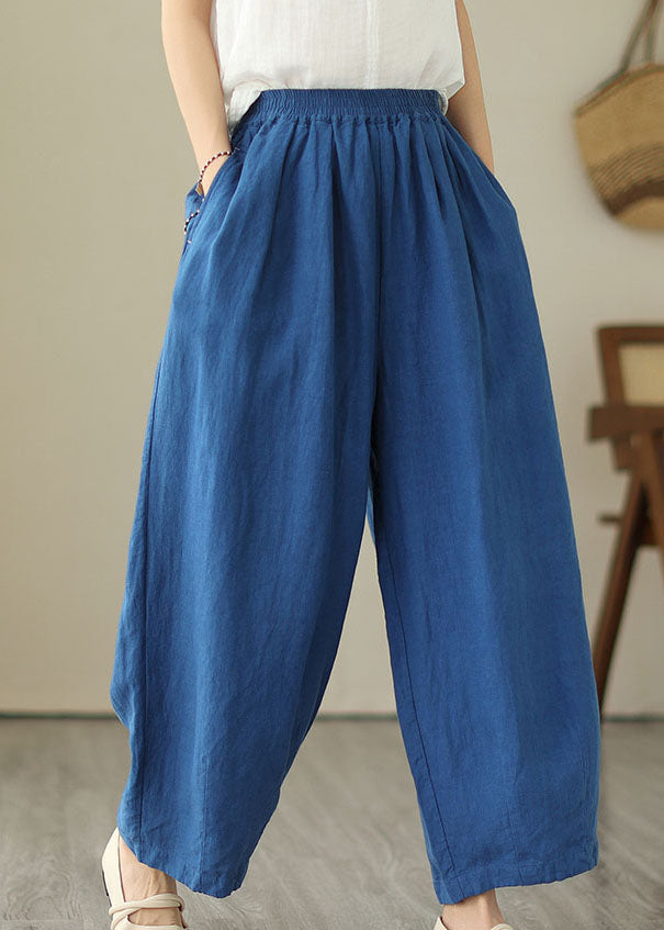 Simple Blue Patchwork Pockets Elastic Waist Linen Skirt Summer