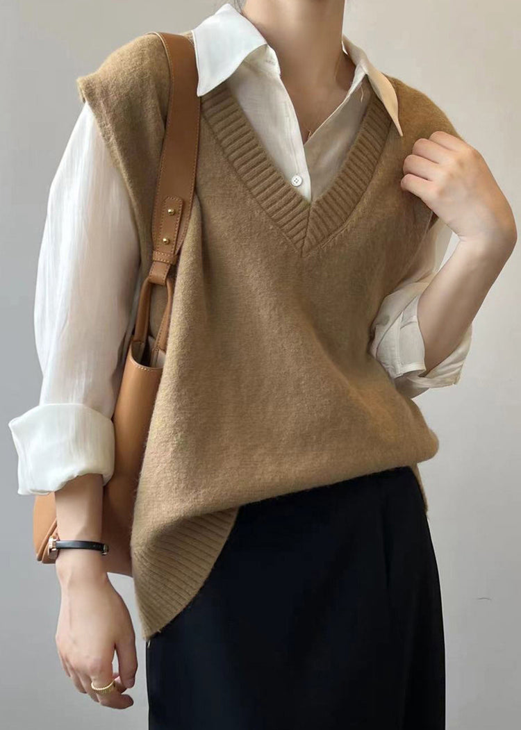 Simple Khaki V Neck Cozy Cashmere Knit Waistcoat Sleeveless