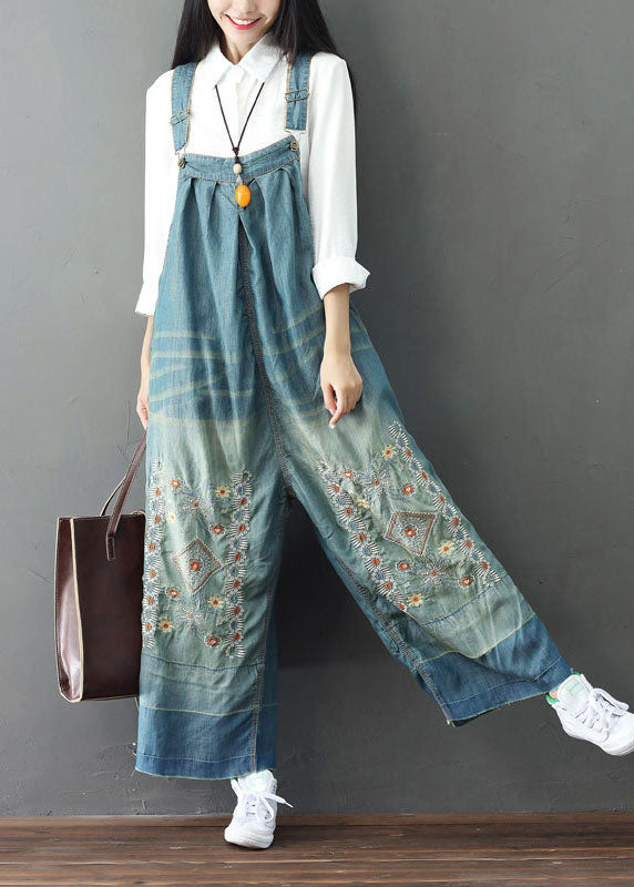 Simple patchwork embroidery light blue denim wide-leg jumpsuit spring