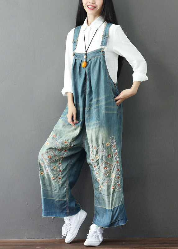 Simple patchwork embroidery light blue denim wide-leg jumpsuit spring