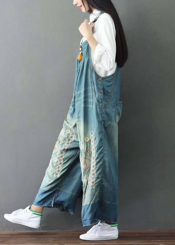 Simple patchwork embroidery light blue denim wide-leg jumpsuit spring