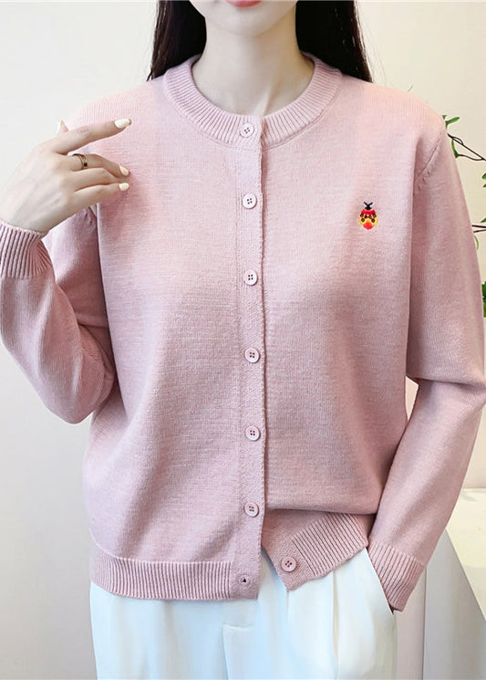 Simple Pink O-Neck Print Button Knit Cardigan Fall