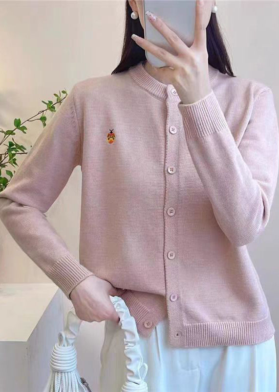 Simple Pink O-Neck Print Button Knit Cardigan Fall