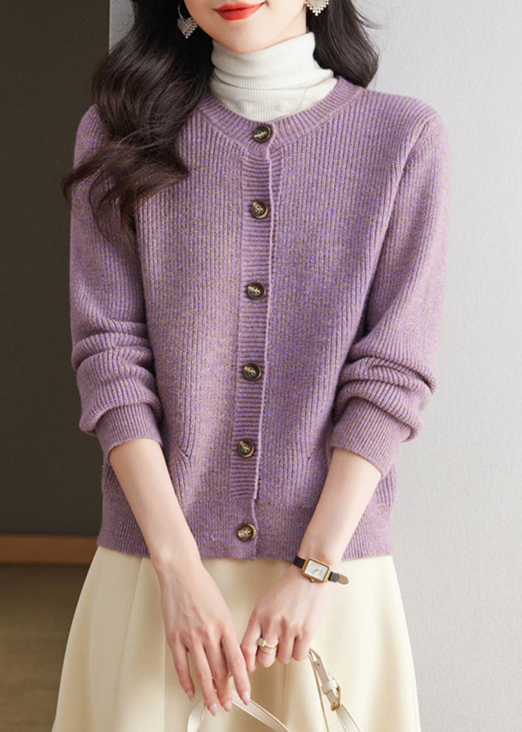 Coffee Solid Cozy Knit Fall Cardigans O Neck