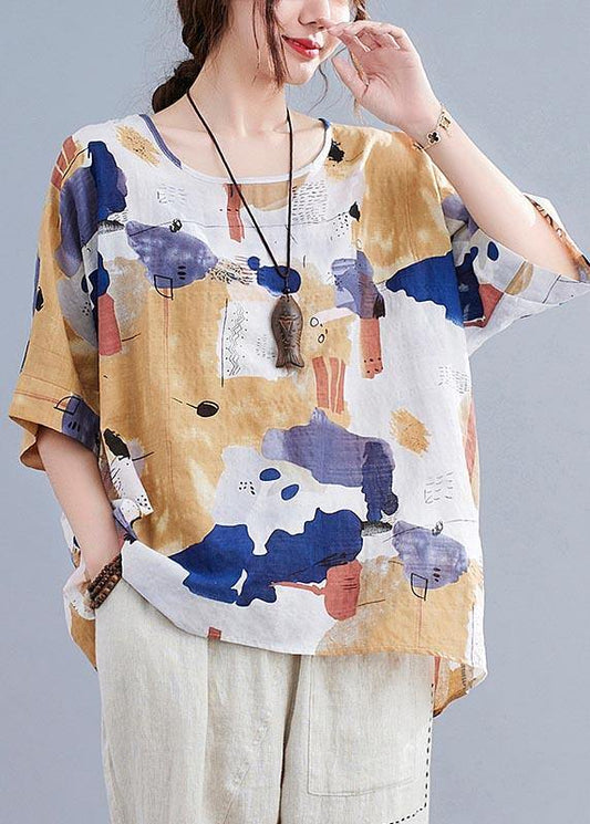 Summer Yellow Simple Printed Cotton Linen Shirt Top