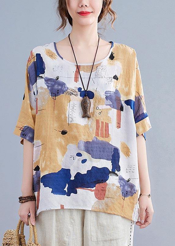 Summer Yellow Simple Printed Cotton Linen Shirt Top