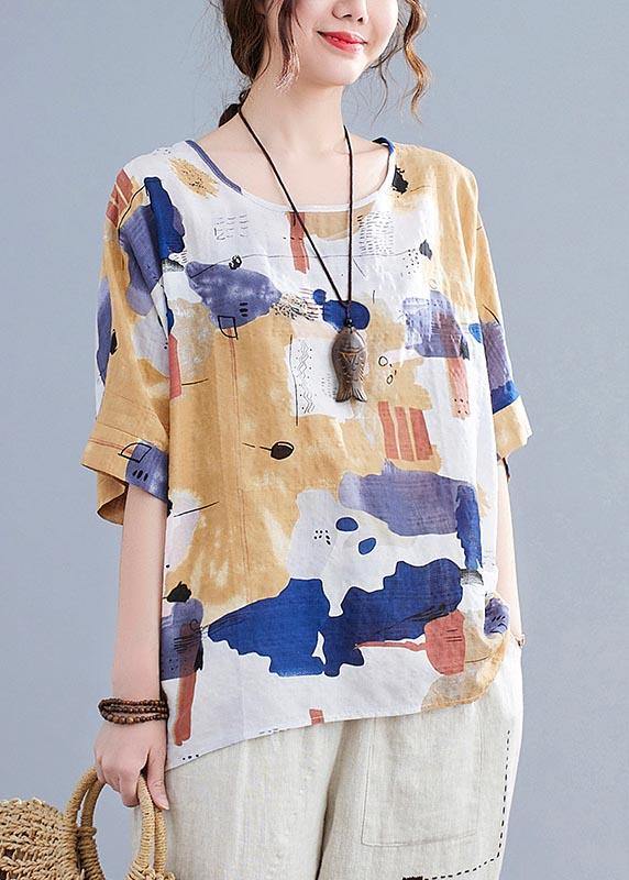 Summer Yellow Simple Printed Cotton Linen Shirt Top