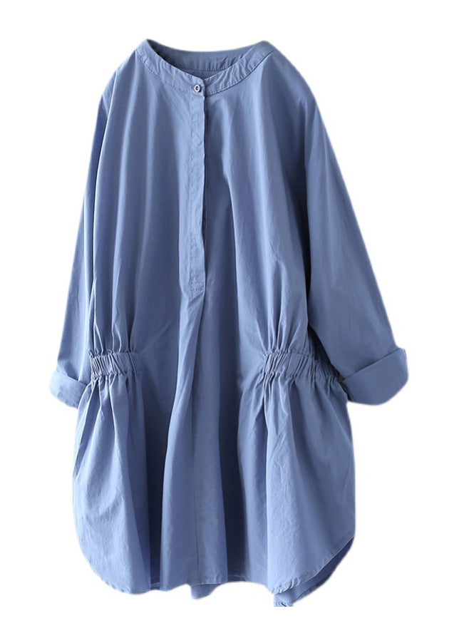 O-Neck Baby Blue Wrinkled Button Solid Long Sleeve Shirt