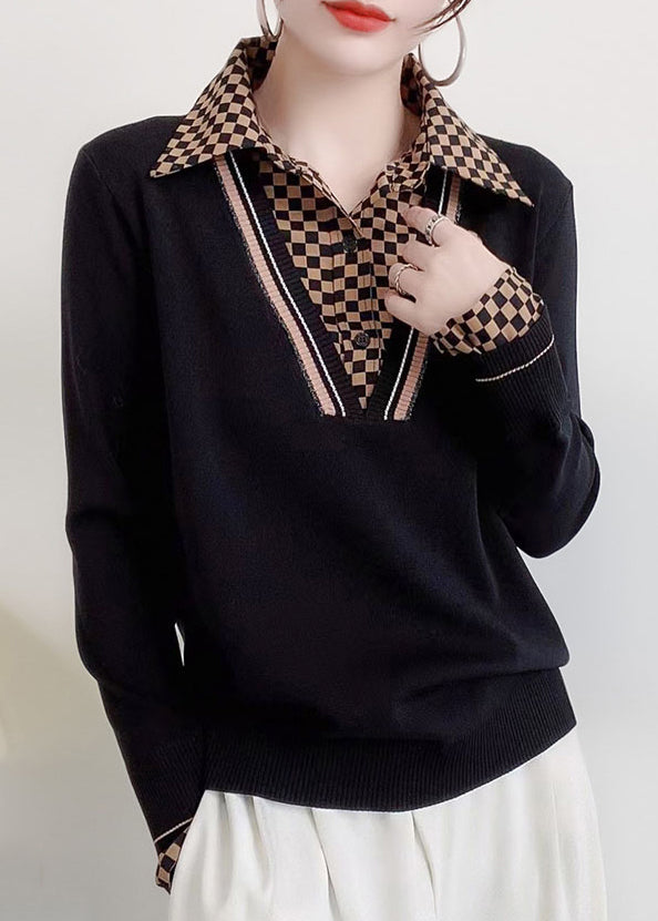 Simple Black Peter Pan Collar Patchwork Knit Sweaters Fall