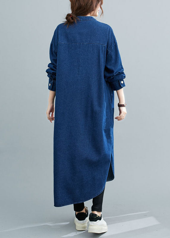 Simple Blue Patchwork Stand Collar Denim Shirt Dress Spring