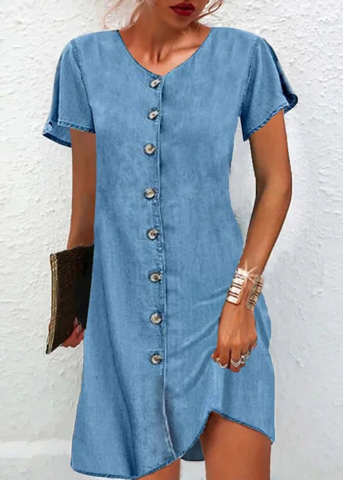 V Neck Simple Blue Button Patchwork Denim Mid Short Sleeves Dress