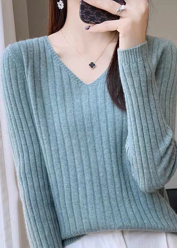 Simple Blue V Neck Solid Knit Sweaters Fall