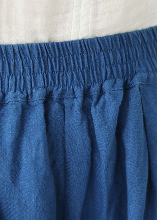 Simple Blue Patchwork Pockets Elastic Waist Linen Skirt Summer