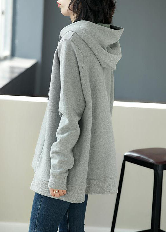 Simple Grey Asymmetrical Graphic Print Drawstring Cotton Sweatshirt Long Sleeve