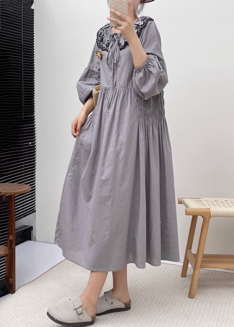 Simple Grey Peter Pan Collar Patchwork Wrinkled Vacation Long Dresses Long Sleeve