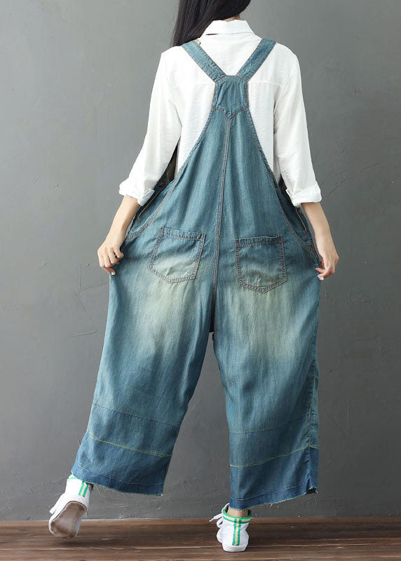 Simple patchwork embroidery light blue denim wide-leg jumpsuit spring