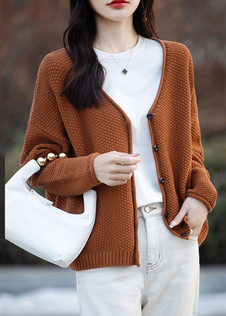 Simple Orange V Neck Button Cotton Knit Cardigan Fall