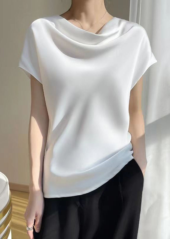 Simple White Solid Turtle Neck Silk T Shirts Summer