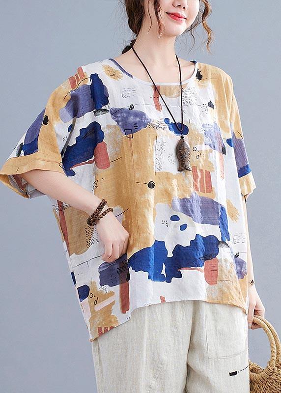 Summer Yellow Simple Printed Cotton Linen Shirt Top