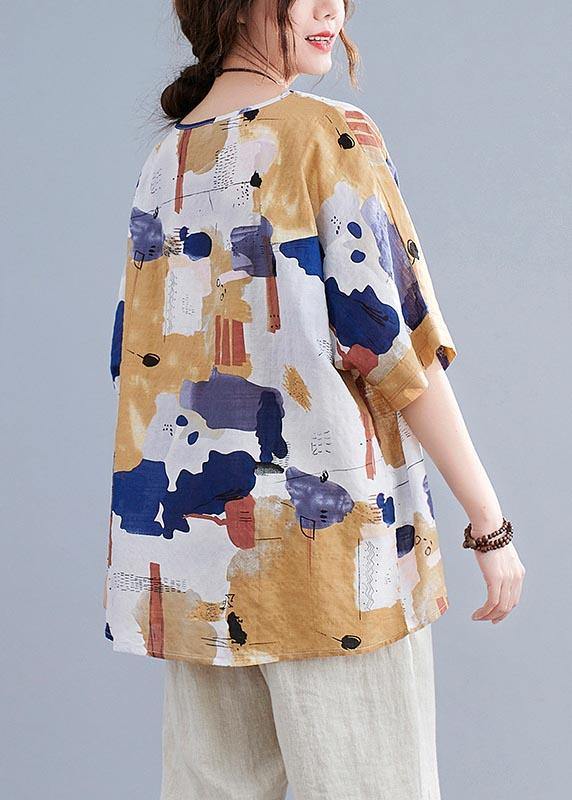 Summer Yellow Simple Printed Cotton Linen Shirt Top