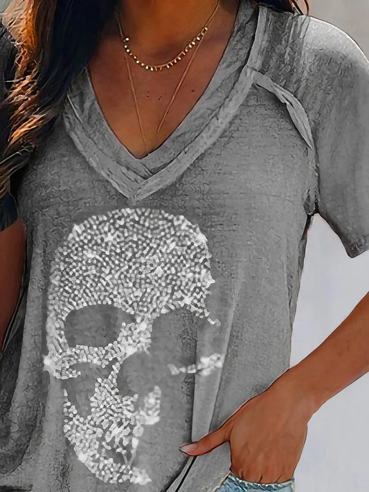 Skull Print Deep V-neck Pullover T-shirt