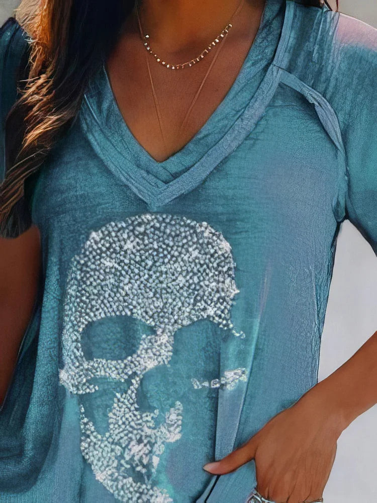 Skull Print Deep V-neck Pullover T-shirt