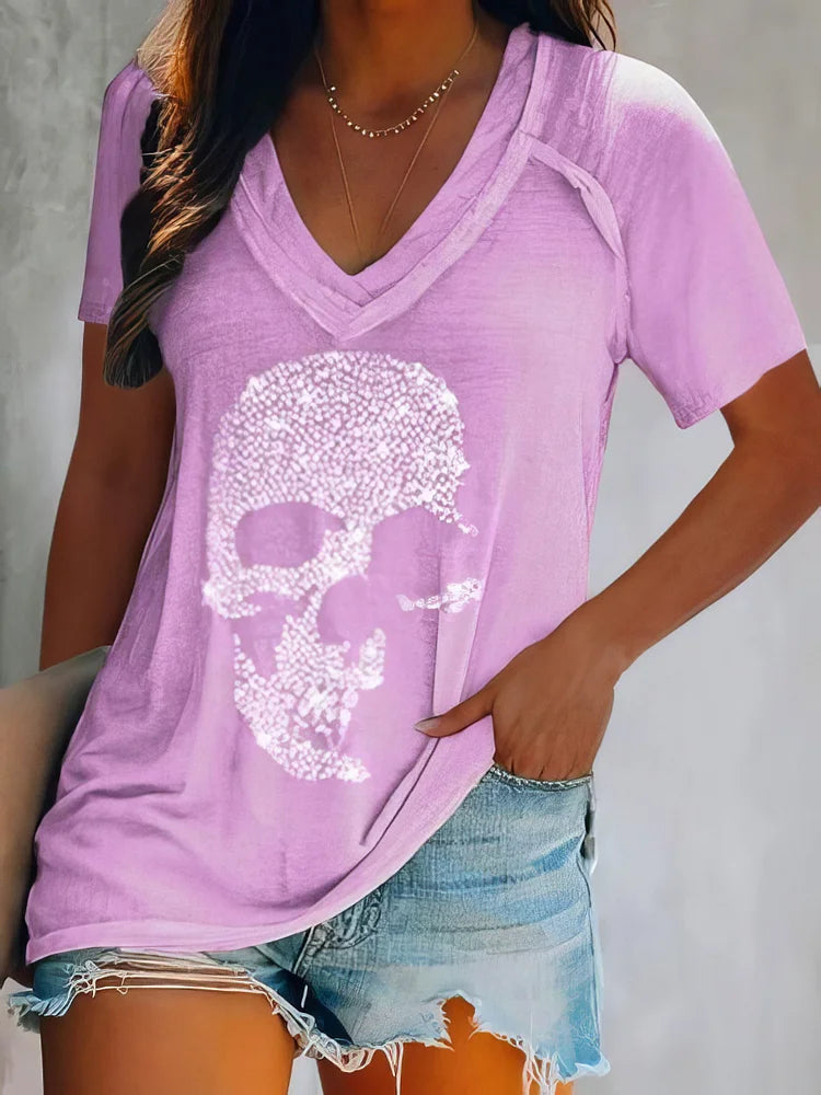 Skull Print Deep V-neck Pullover T-shirt