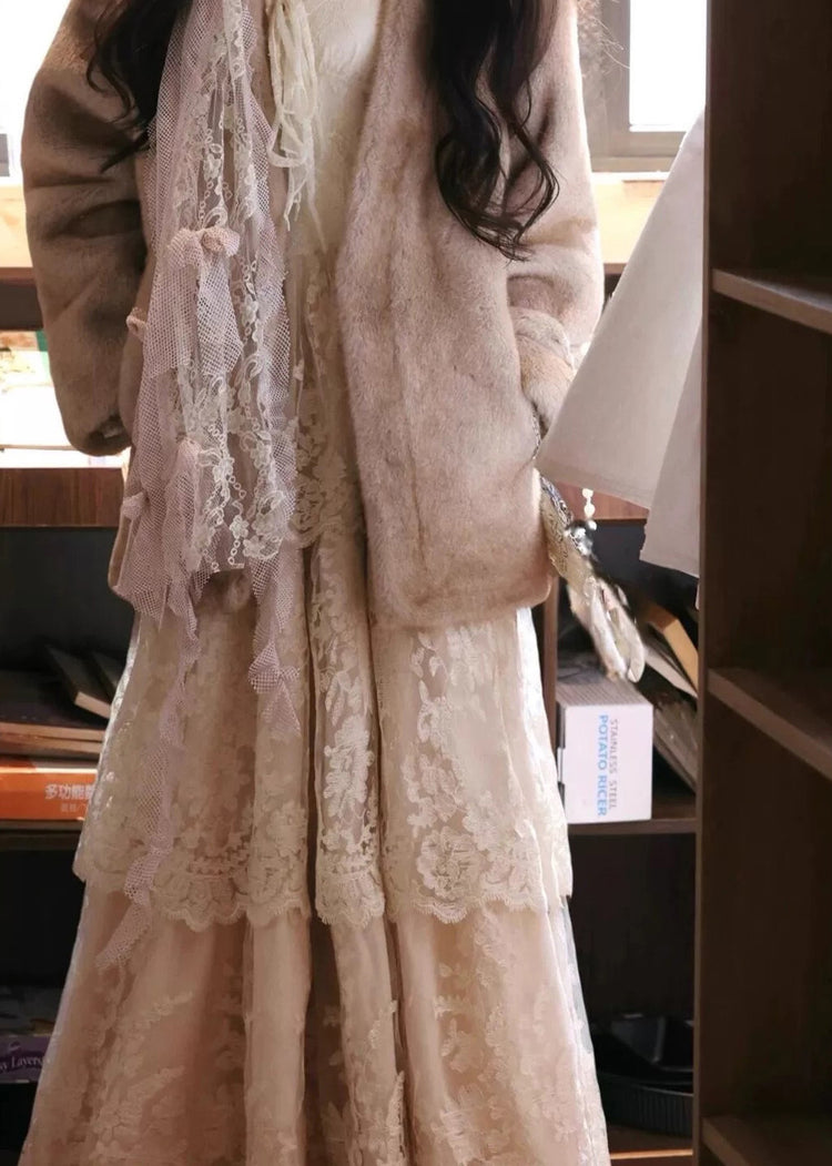 Slim Fit Beige V Neck Ruffled Patchwork Lace Maxi Dress Flare Sleeve