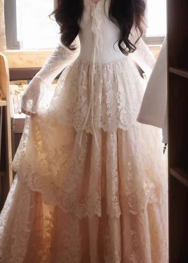 Slim Fit Beige V Neck Ruffled Patchwork Lace Maxi Dress Flare Sleeve