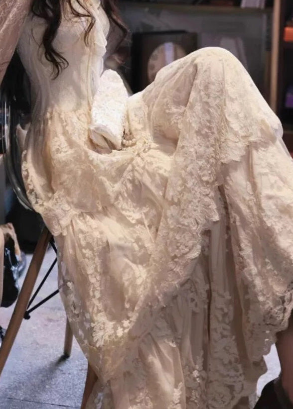Slim Fit Beige V Neck Ruffled Patchwork Lace Maxi Dress Flare Sleeve