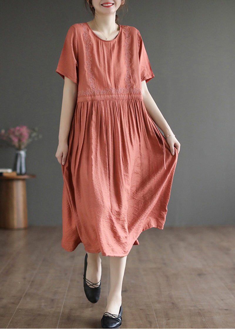 Summer slim orange embroidered cotton dress