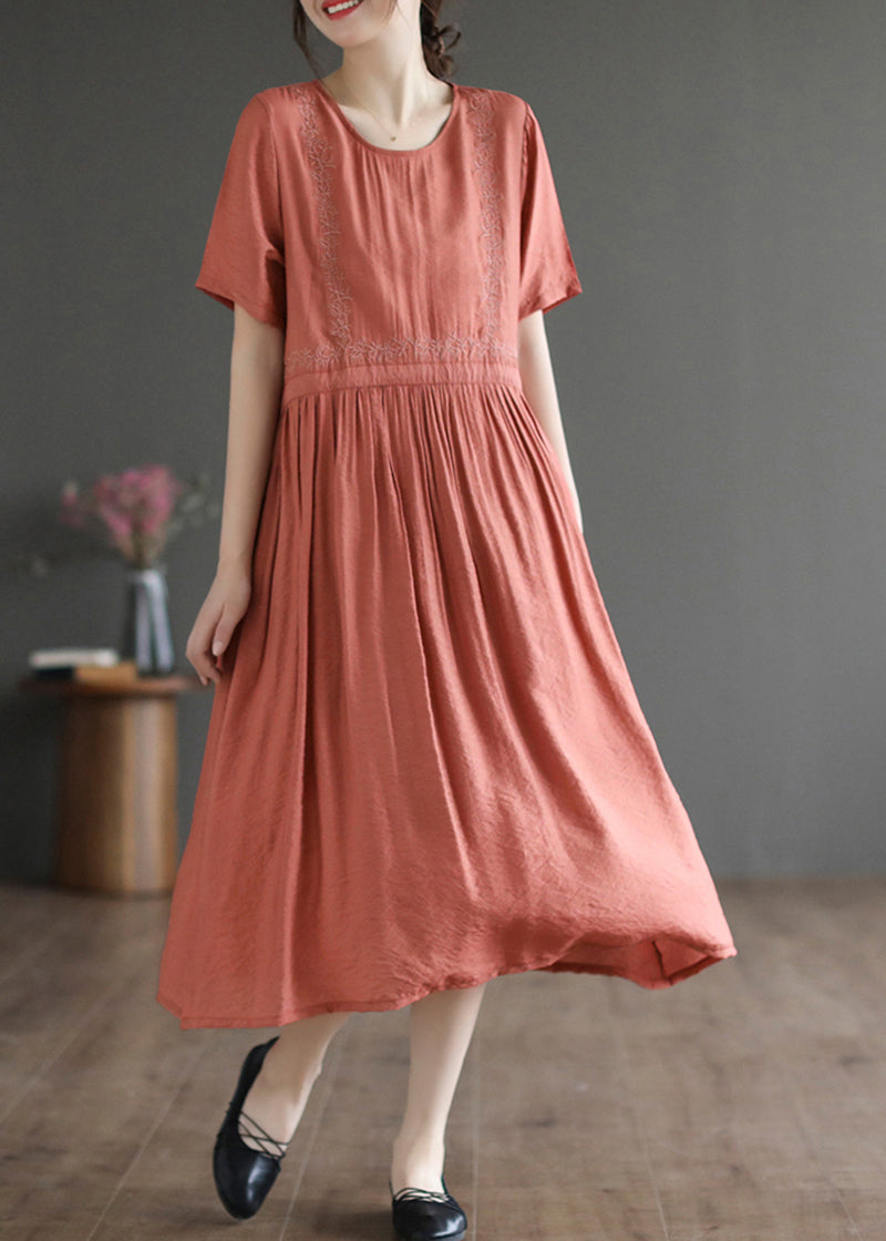 Summer slim orange embroidered cotton dress