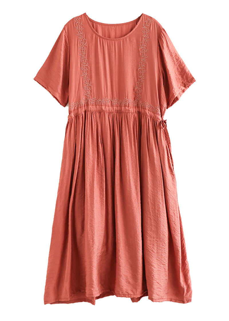 Summer slim orange embroidered cotton dress