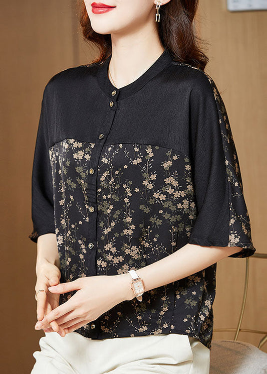 O-neck small floral print patchwork silk T-shirt for summer