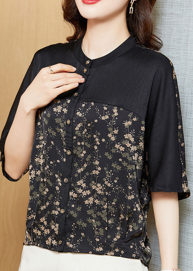 O-neck small floral print patchwork silk T-shirt for summer